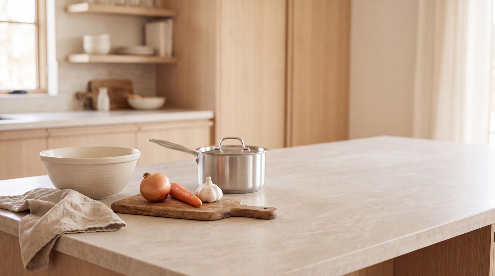Kitchen worktop with cookware